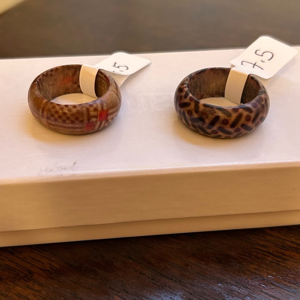 Bundle of Two Size 7.5 Colorful Patterned Wooden Rings NWT